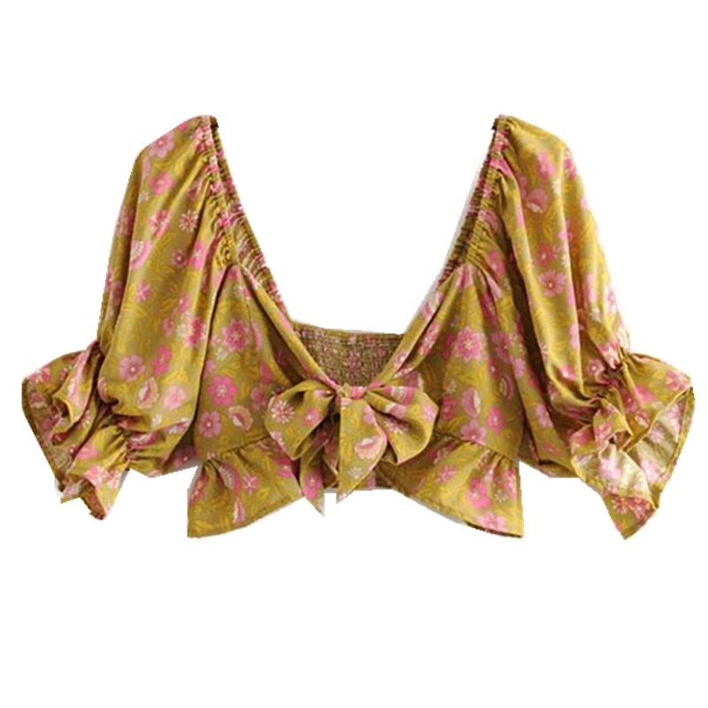 Dam Blommig Tvådelad Set Skördetopp och Maxirock Polyester Sommarkläder-3