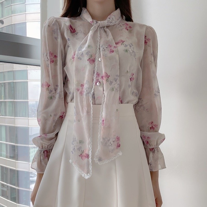 Dam Blus Elegant Utställda Ärmar Chiffon med Blomstertryck 4