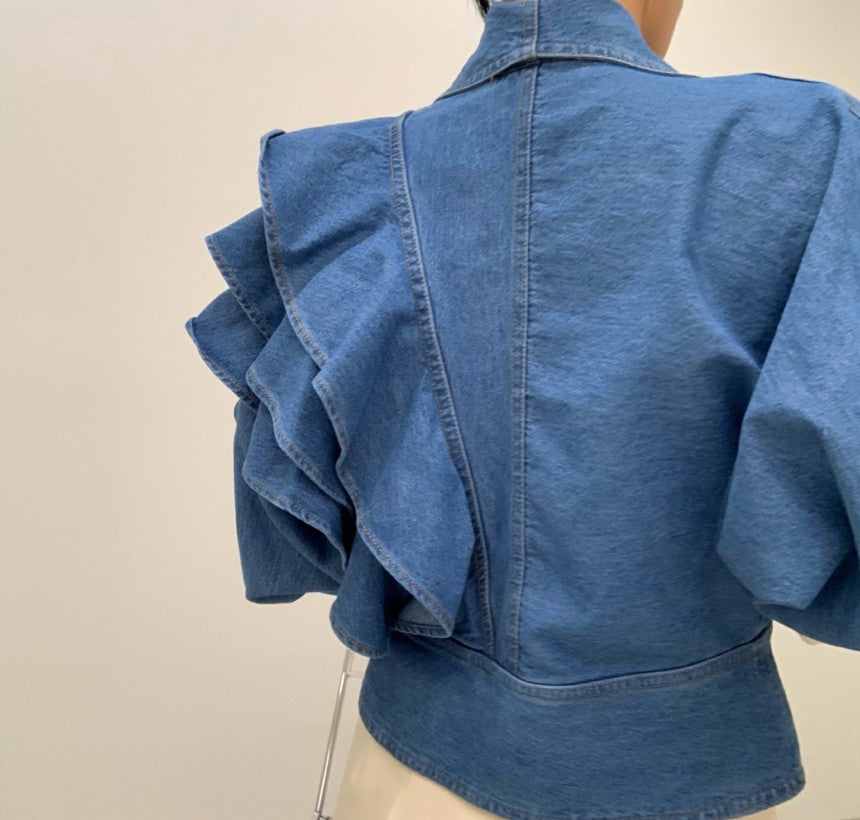 Dam Blazer Trendig Puffärmad Bomull med Ruffles-5