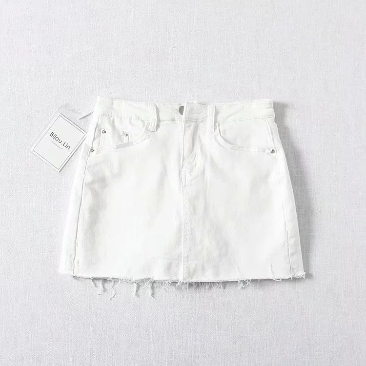 Dam Mini Skort Franjkant Denim Bomull-4