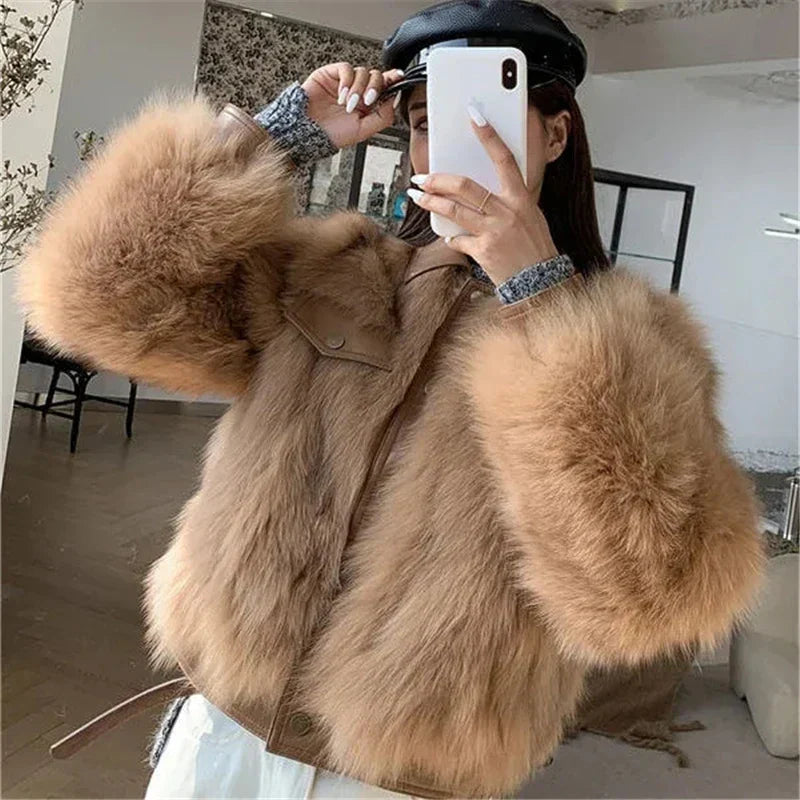 Kort Vinterjacka Dam Fluffig Syntetisk Päls-5