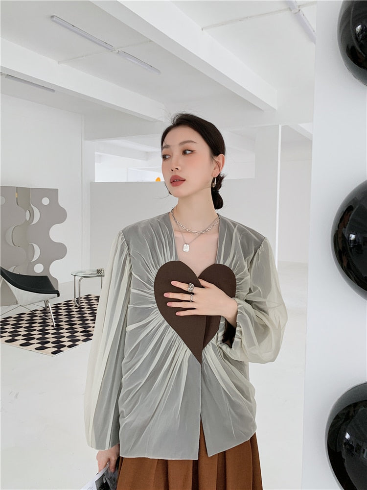 Dam Blazer V-ringning Polyester Hjärtmotiv Urban Stil-3