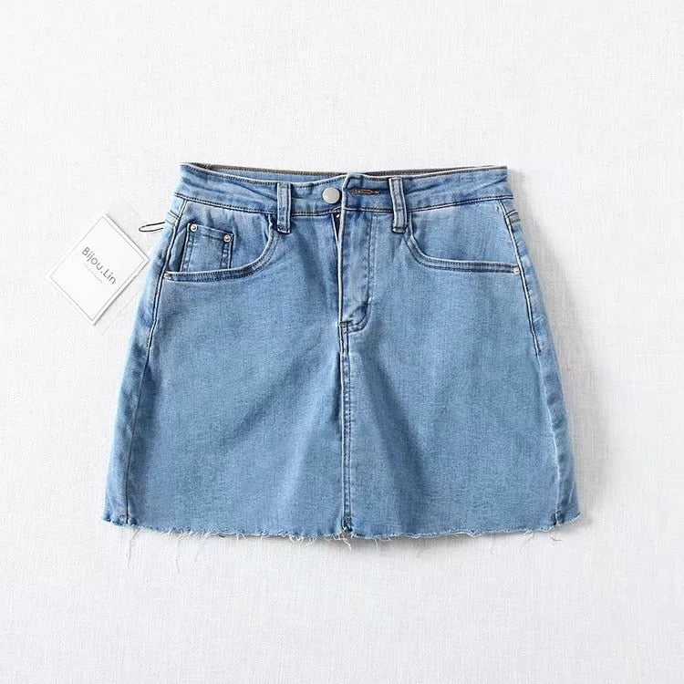 Dam Mini Skort Franjkant Denim Bomull-2