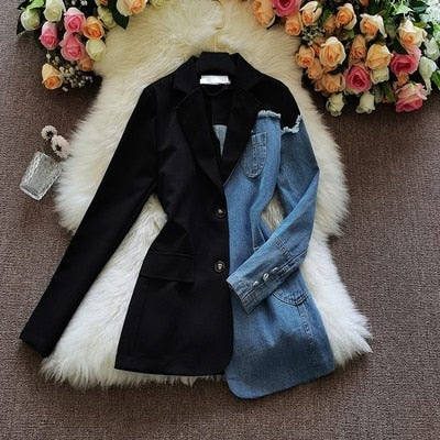 Dam Blazer i Asymmetrisk Patchwork Design av Bomull och Polyester â Full ĂrmlĂ€ngd, DubbelknappstĂ€ngning 1