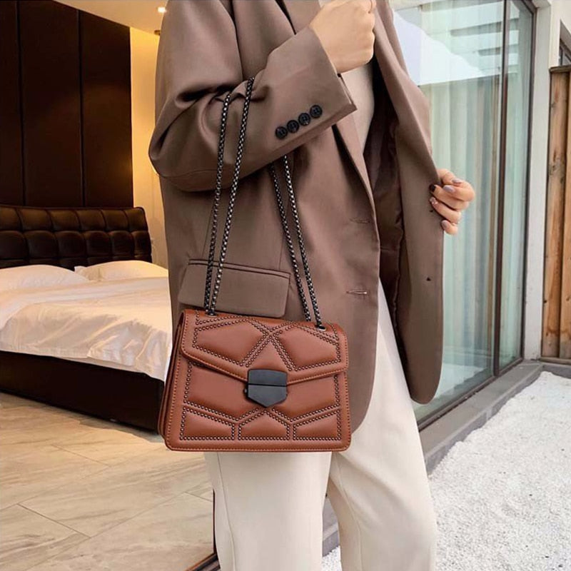 Dam Axelväska Kedja PU-Läder Mjuk Klaffdesign-3