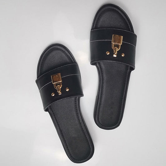 Dam Sandaler Flache PU LĂ€der med Metalldekoration 1