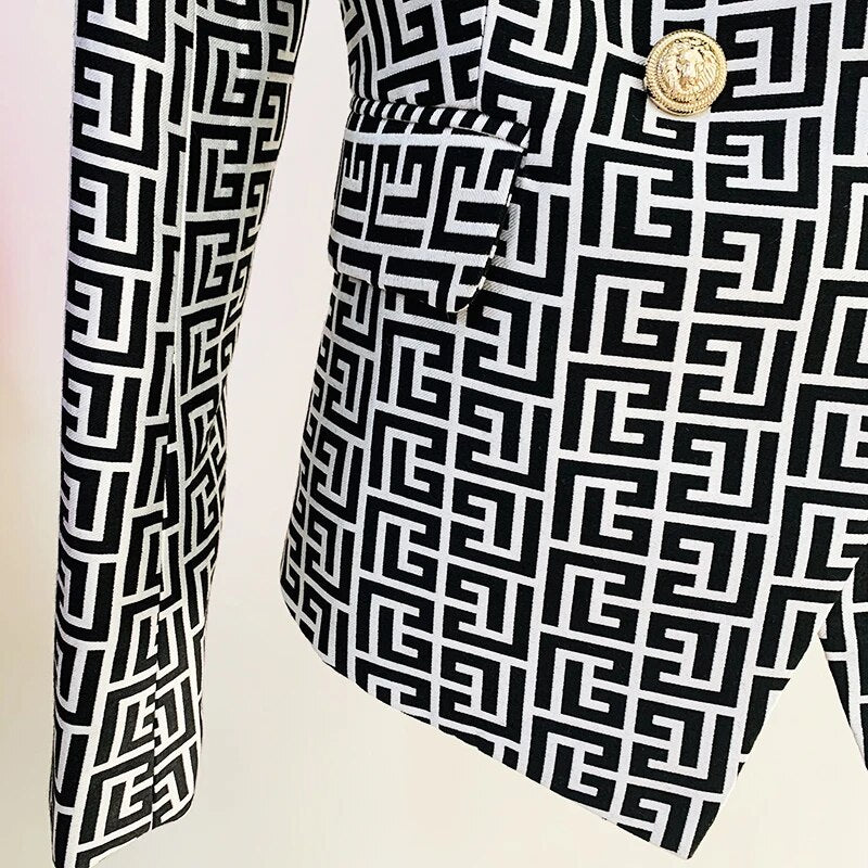 Dam Blazer Geometriskt Mönster Polyester med Regelbundna Ärmar och Dubbelradig Stängning-4