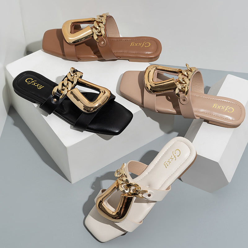 Dam Sandaler Fyrkantig Tå PU med Gummisula för Sommarens Alla Tillfällen-5