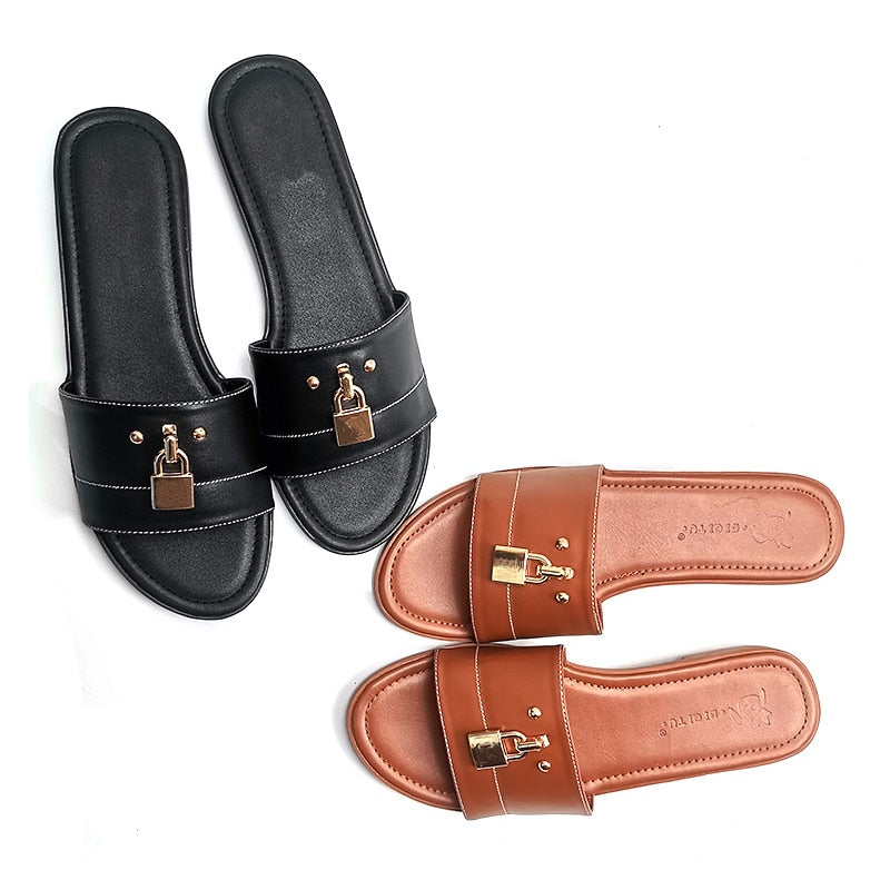 Dam Sandaler Flache PU Läder med Metalldekoration 3