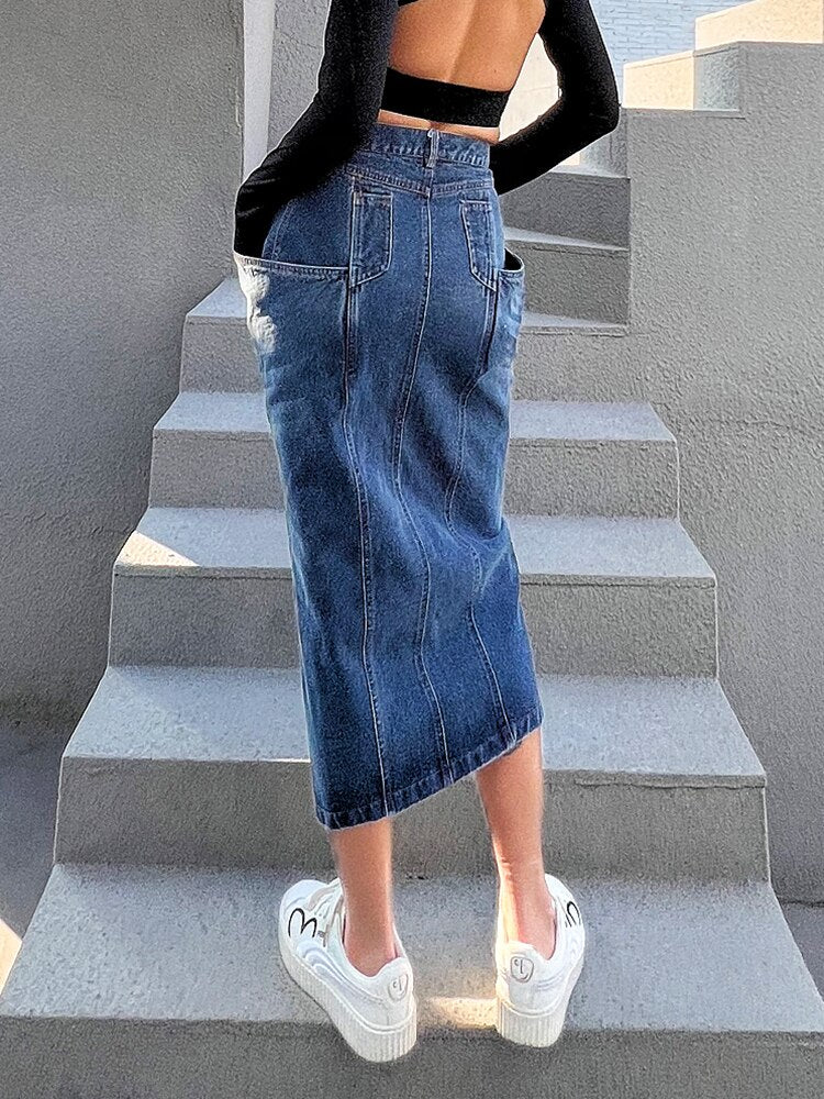 Midi Kjol för Dam i Jeans med Fickor – Monokromt Material, Elegant Design, Perfekt för Vardagsbruk 3