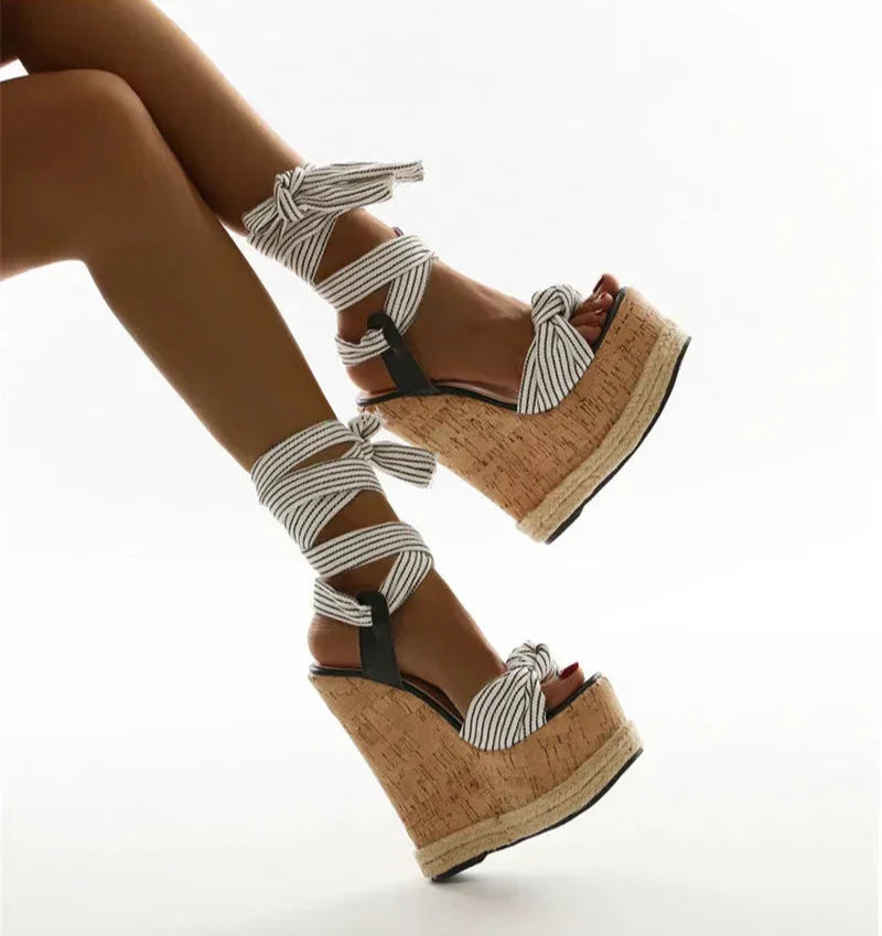 Dam Sandaler Öppen Tå med Ankelrem Kilklack Elastiskt Material-4