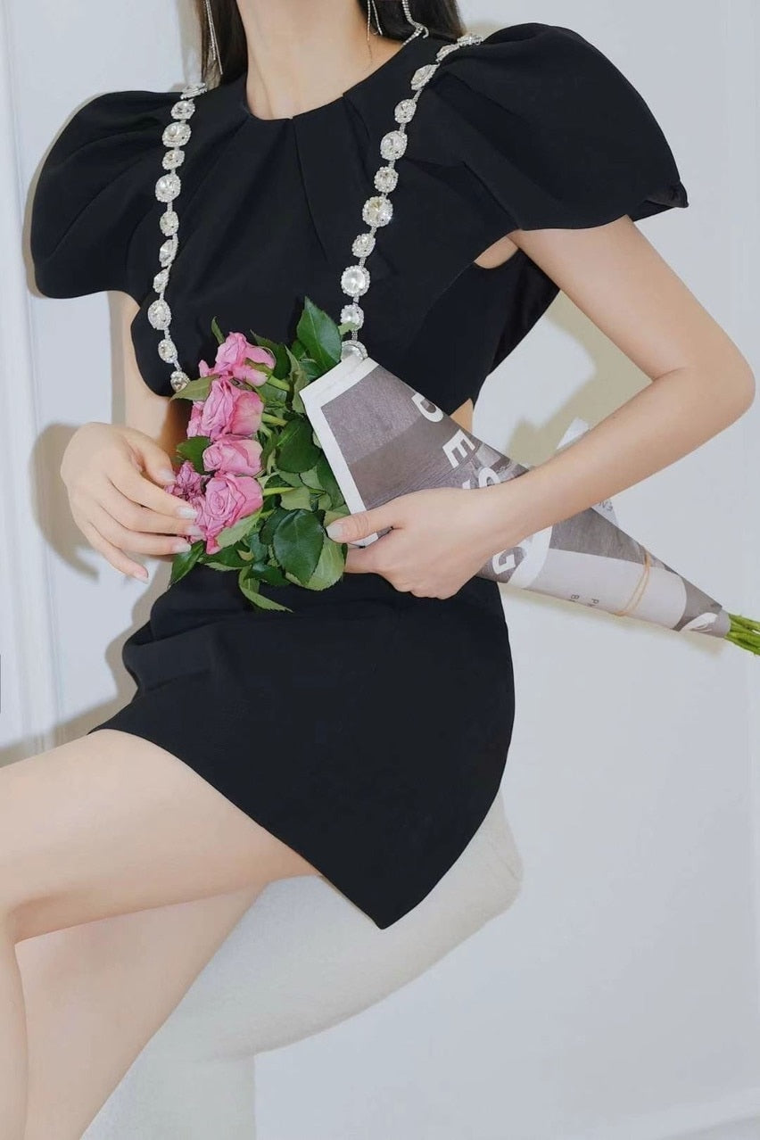 Kvinnors A-linjeformad Svart Miniklänning med Puffärmar i Bomull och Polyester-6