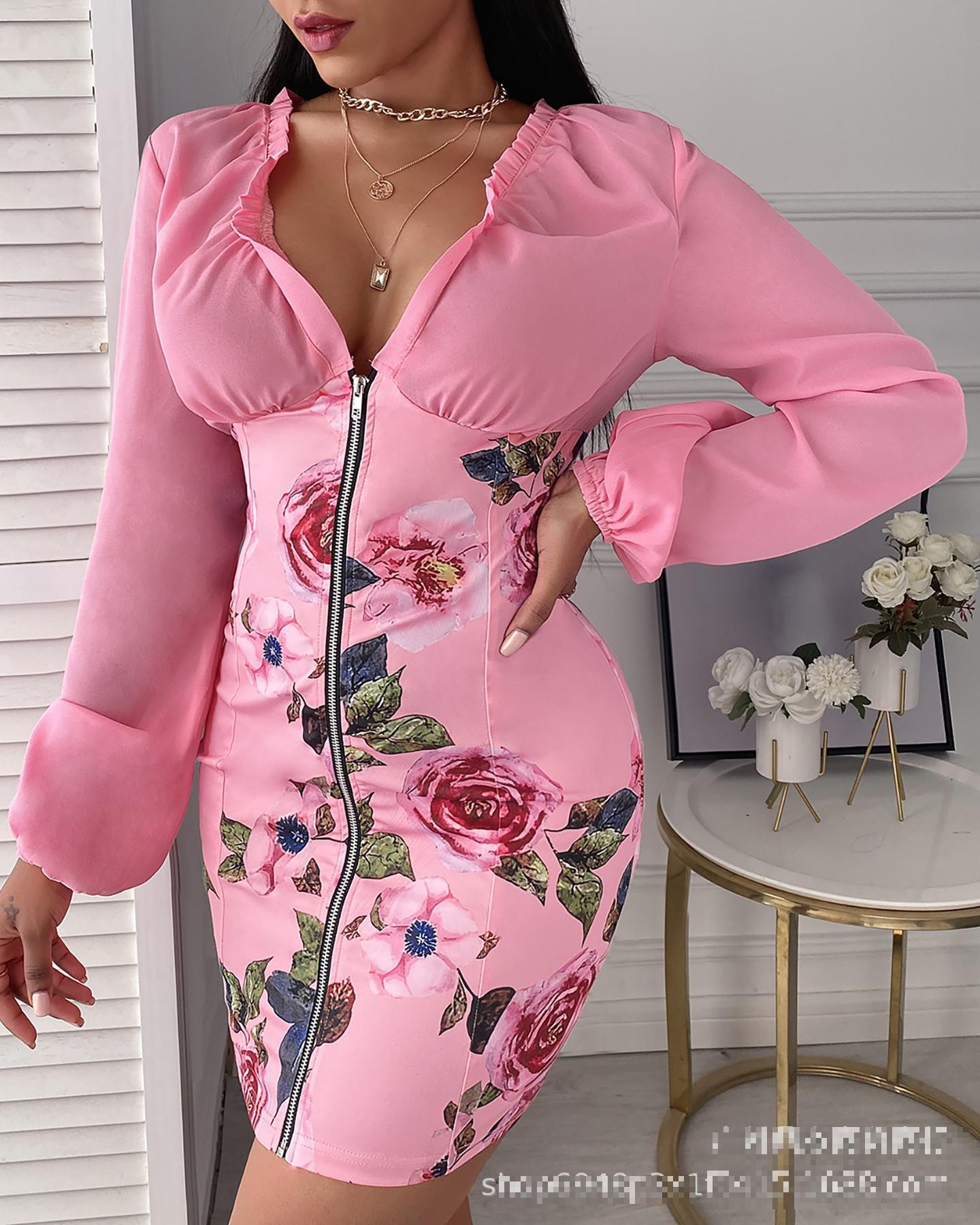 Kvinna Miniklänning V-hals Puffärmar Polyester Elegant Ovanför Knäet-4