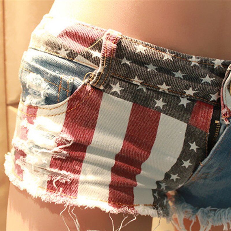Damshorts Låg Midja Denim Amerikanskt Flaggmönster med Sprickdetaljer-4