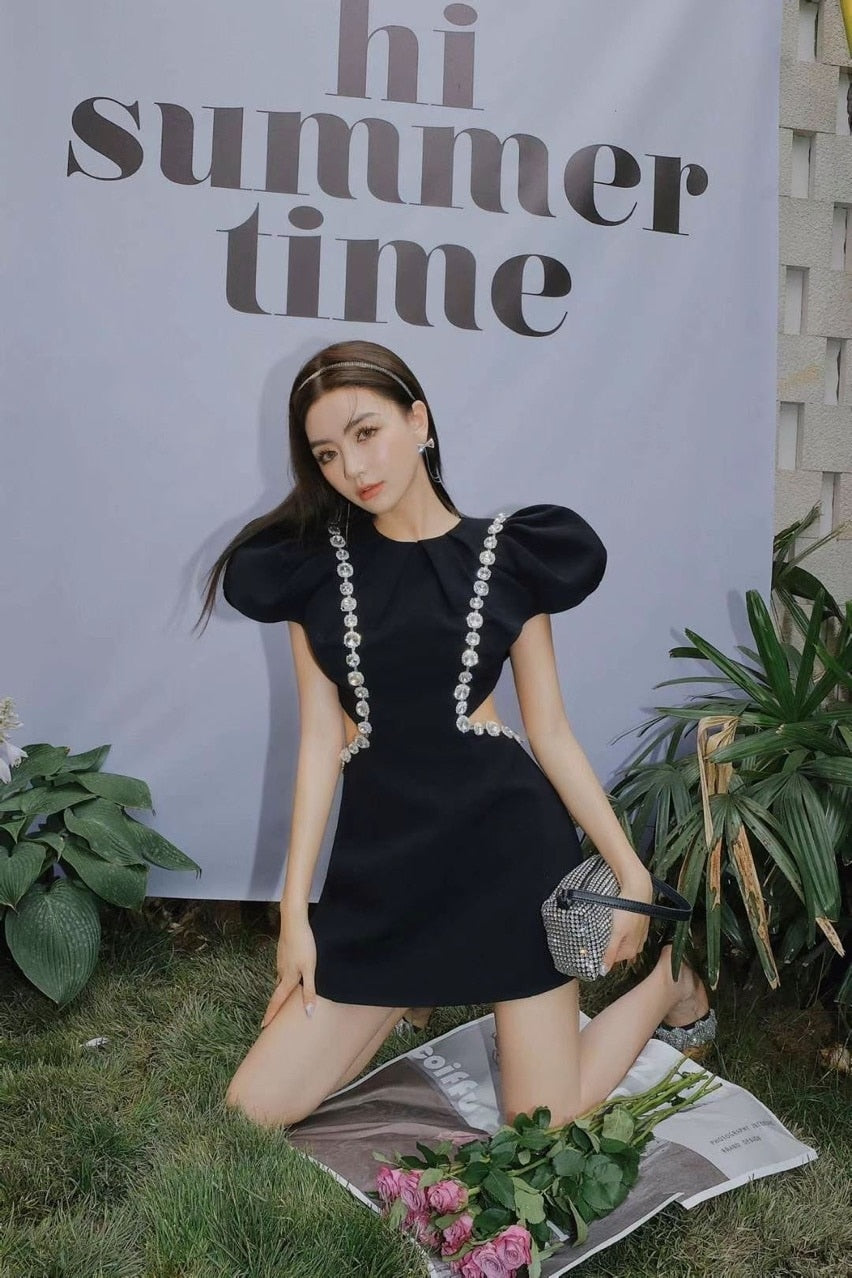 Kvinnors A-linjeformad Svart Miniklänning med Puffärmar i Bomull och Polyester-5