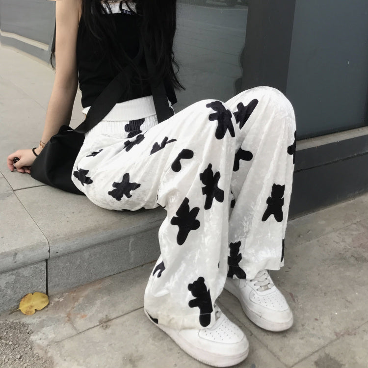 Mjukisbyxor Dam Hög Midja Baggy Fit i Mjuk Polyester med Black Bear Motiv – Bekväma Byxor för Avslappnade Dagar 2