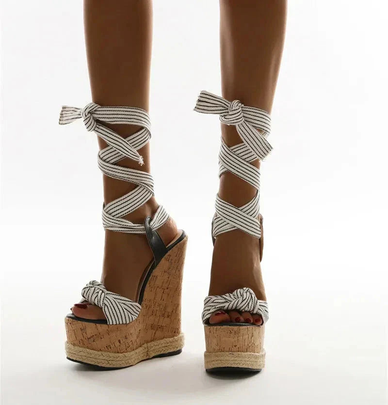 Dam Sandaler Öppen Tå med Ankelrem Kilklack Elastiskt Material-3