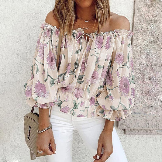 Kvinno Off-Shoulder Blommablus med Ruffles LĂ€tt Tyg 1