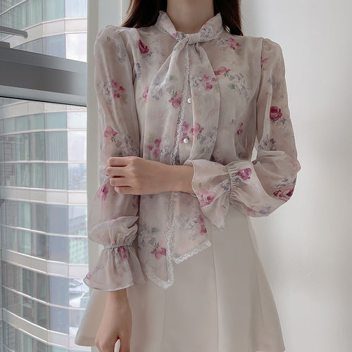 Dam Blus Elegant Utställda Ärmar Chiffon med Blomstertryck 1