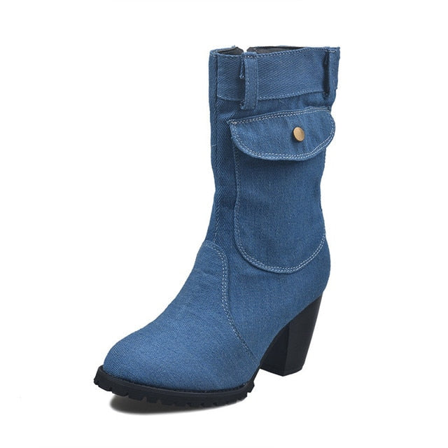 Kvinnors Fotledsskor i Denim med Spetsig Tå och Hög Klack – Elegant Design med Blixtlås och Fyrkantiga Detaljer 6