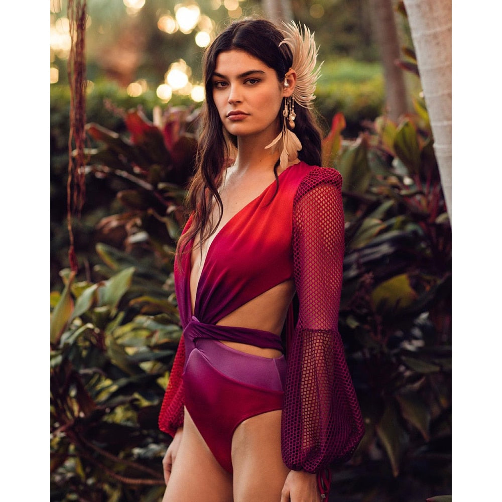 Dam Monokini Långärmad Monokrom Acetat Badkläder-3