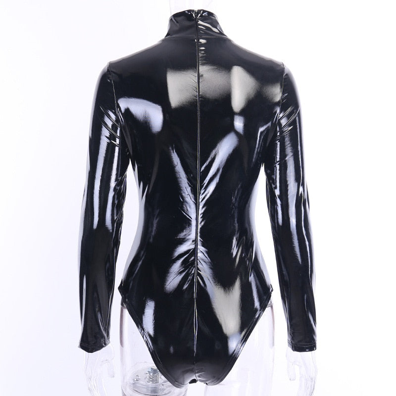 Dam Bodysuit Långärmad PU-Läder Med Rollkrage-2