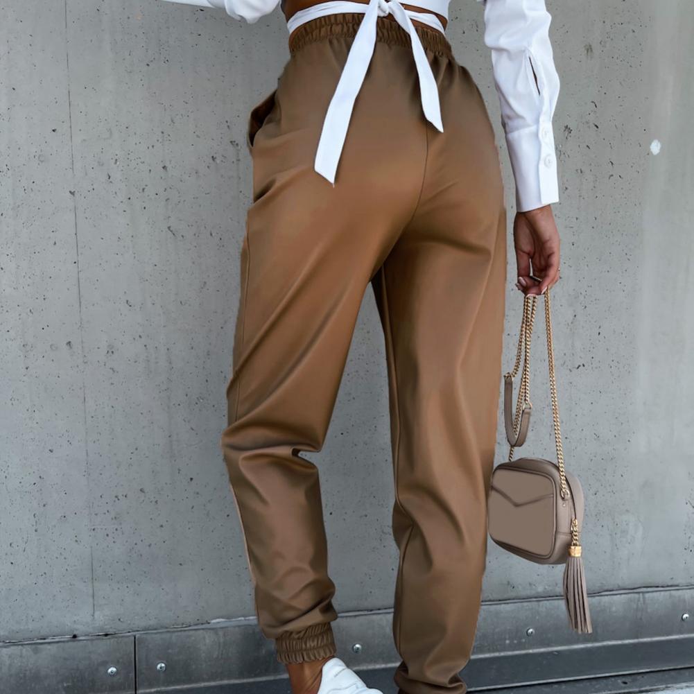 Dam Joggingbyxor i PU-läder med Elastisk Midja och Avslappnad Passform-3