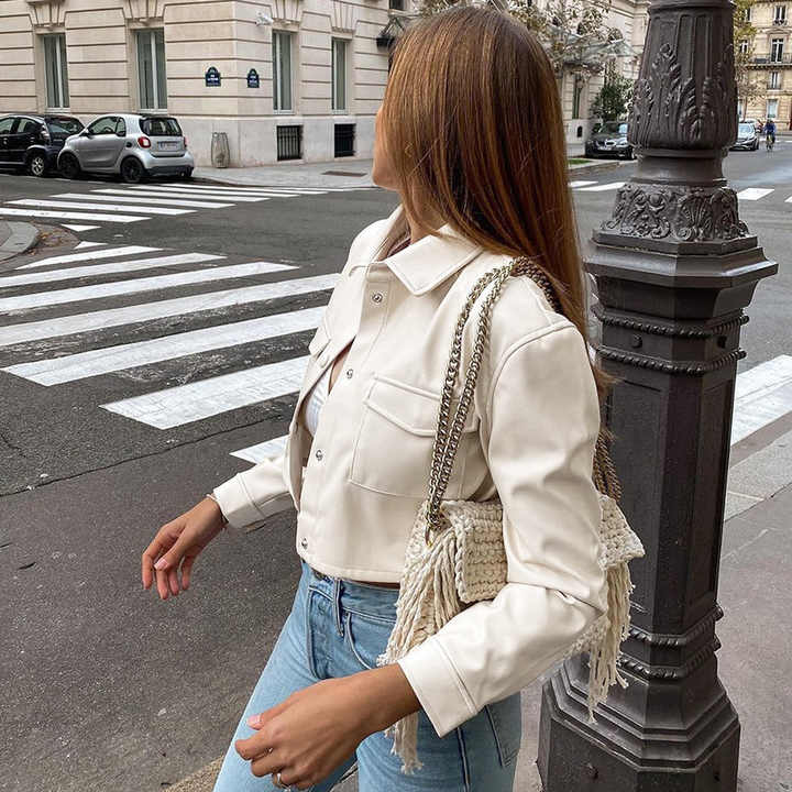 Dam Skjorta Kort Syntetiskt Läder Modern Design med Fickor-6