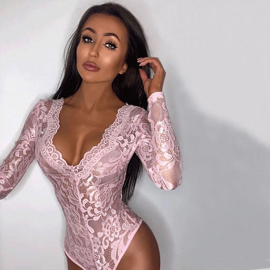 Dam Bodysuit LÄngÀrmad Blommönster V-hals Polyester-1