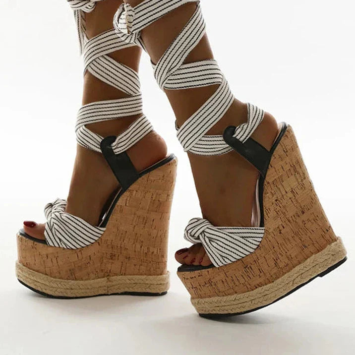 Dam Sandaler Öppen Tå med Ankelrem Kilklack Elastiskt Material-2