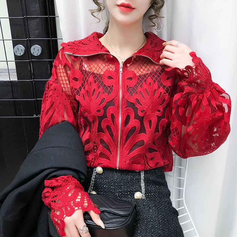 Dam Blus Kortärmad Spets Polyester-4