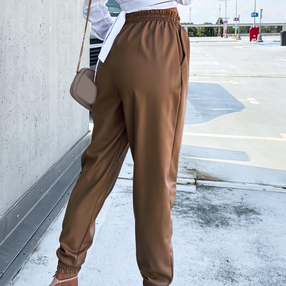 Dam Joggingbyxor i PU-läder med Elastisk Midja och Avslappnad Passform-4