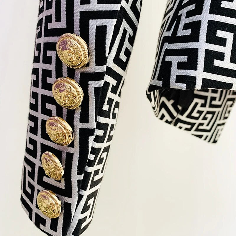 Dam Blazer Geometriskt Mönster Polyester med Regelbundna Ärmar och Dubbelradig Stängning-3