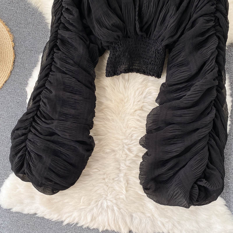 Dam Blus V-ringad Långärmad Polyester Med Puffärmar-3