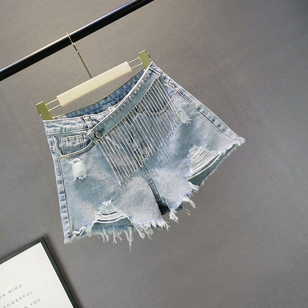 Dam Shorts Hög Midja Denim med Glittrande Detaljer och Fickor-6