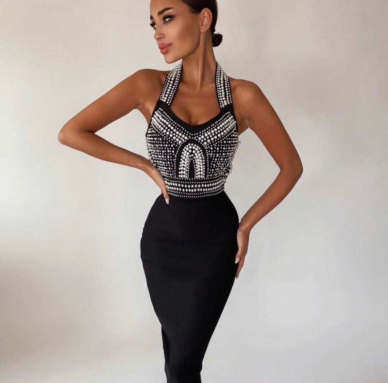 Dam Bodycon Klänning med Pärldekorationer i Lätt Material-4