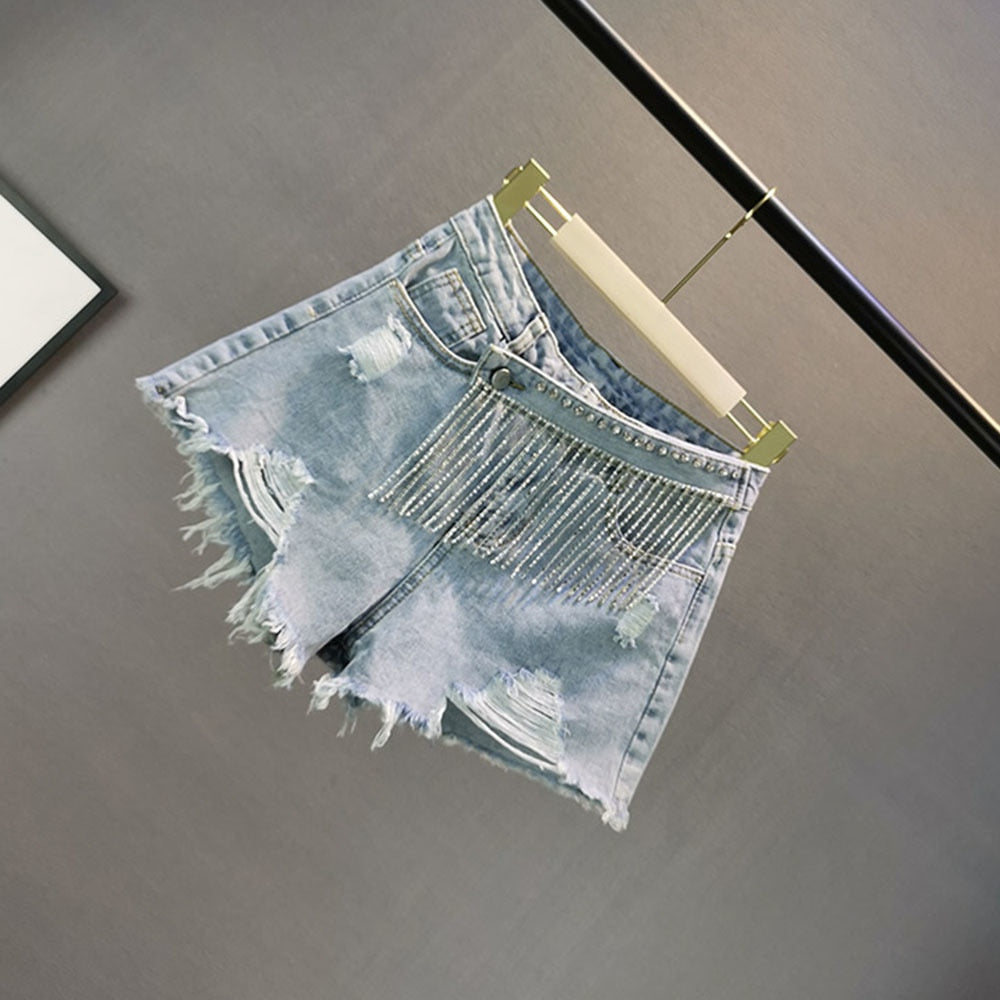 Dam Shorts Hög Midja Denim med Glittrande Detaljer och Fickor-4