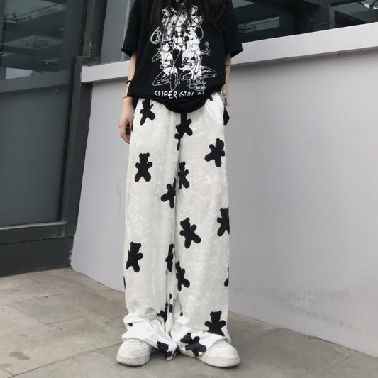 Mjukisbyxor Dam Hög Midja Baggy Fit i Mjuk Polyester med Black Bear Motiv â BekvĂ€ma Byxor för Avslappnade Dagar 1