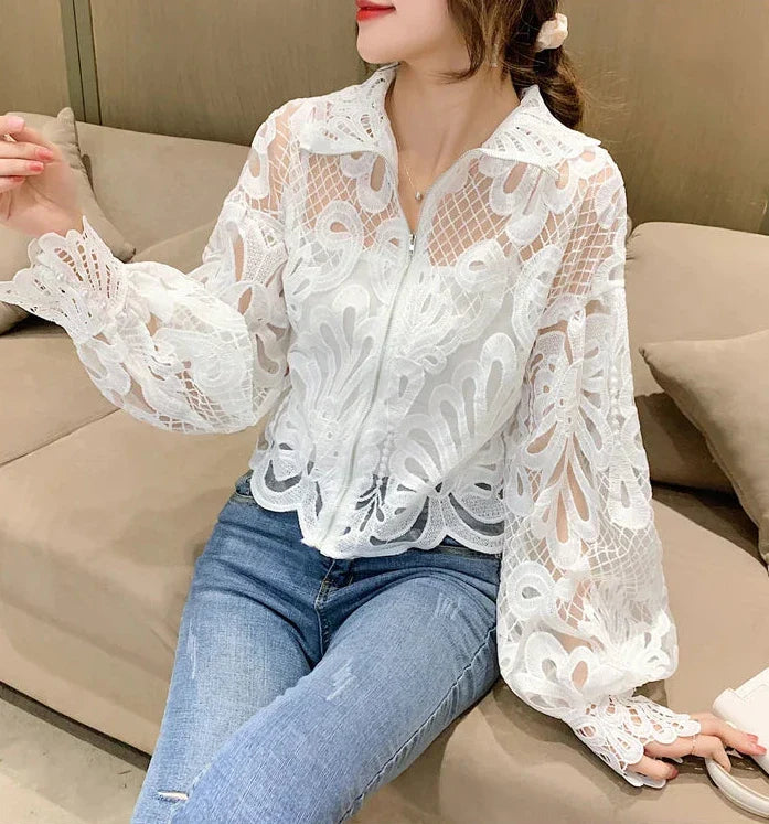 Dam Blus Kortärmad Spets Polyester-5