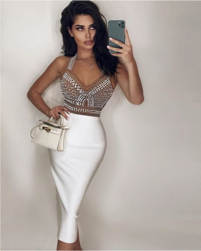 Dam Bodycon Klänning med Pärldekorationer i Lätt Material-3