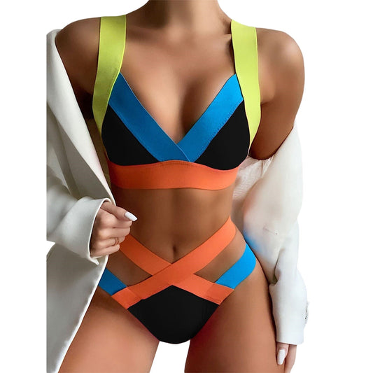 Dam Bikini Hög Midja Nylon Patchwork-1