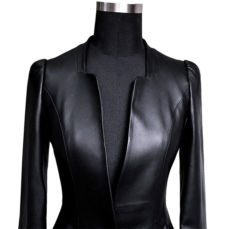Dam Blazer En-Knappstängning Konstläder Elegant-3