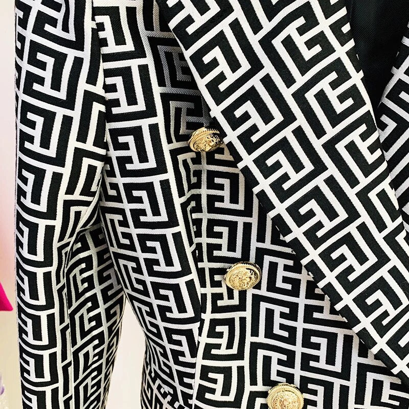 Dam Blazer Geometriskt Mönster Polyester med Regelbundna Ärmar och Dubbelradig Stängning-2