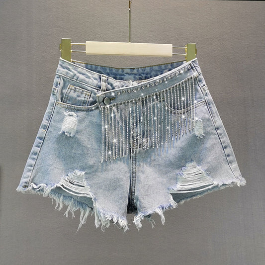 Dam Shorts Hög Midja Denim med Glittrande Detaljer och Fickor-1