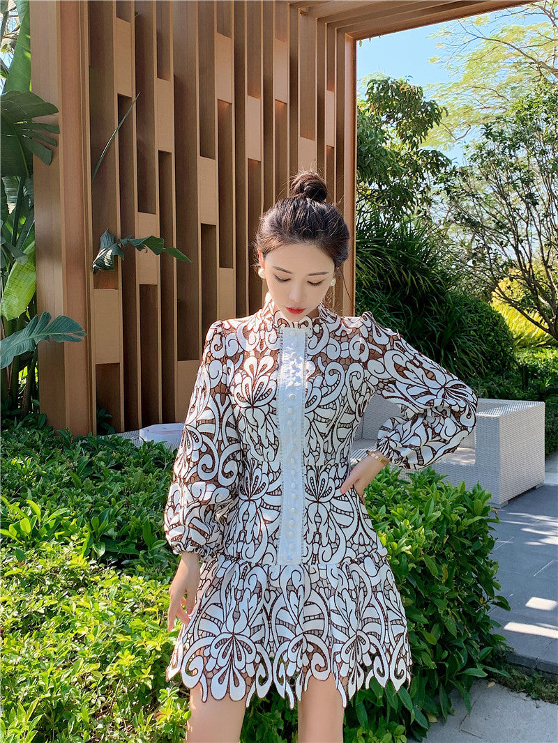 Kvinna Miniklänning Vintage Bomull med Långa Ärmar-5