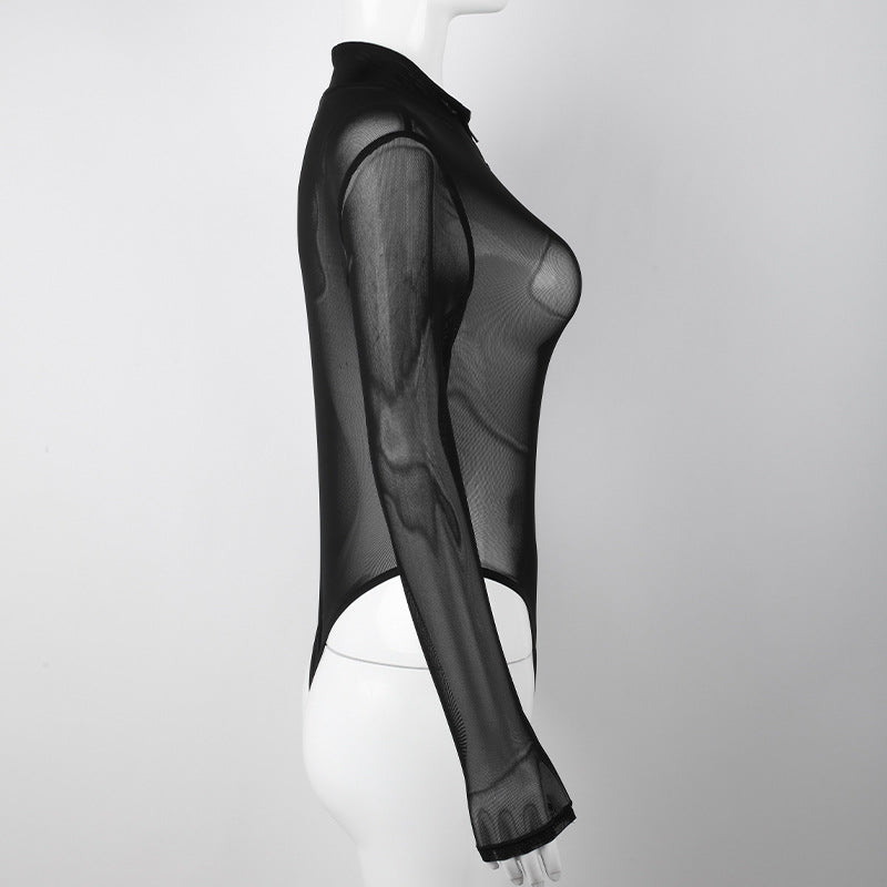 Bodysuit Dam Transparent Långärmad Spandex med Dragkedja och Stativkrage-5