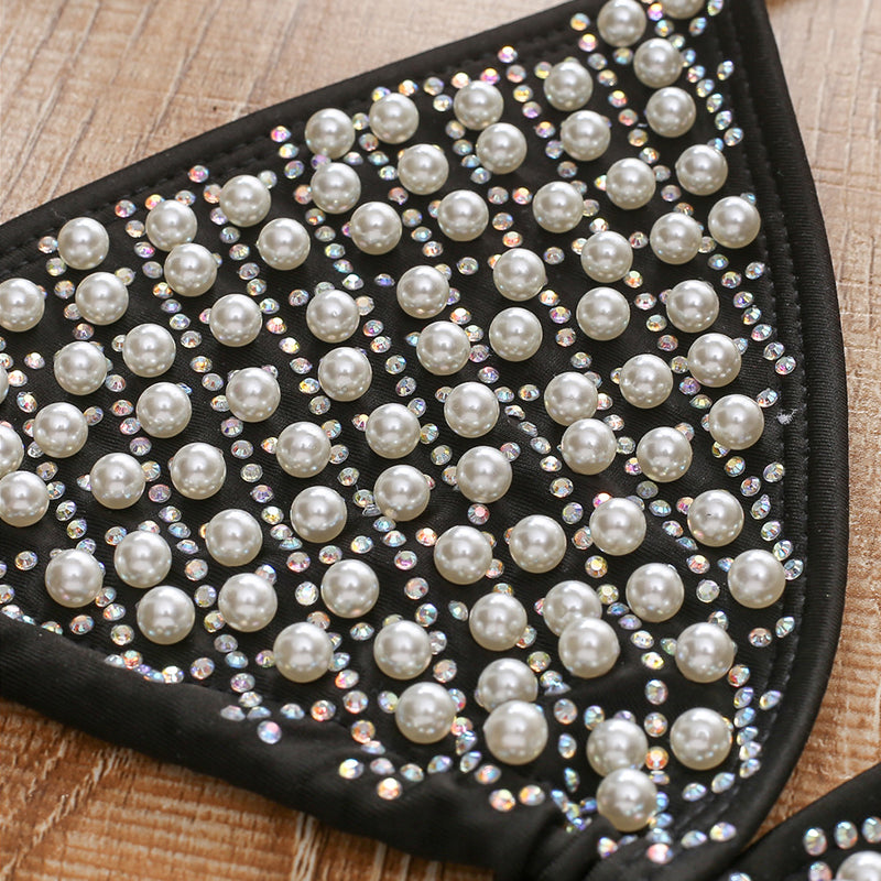 Dam Bikini Set Djup Midja med Pärla och Strass i Polyester och Spandex-2