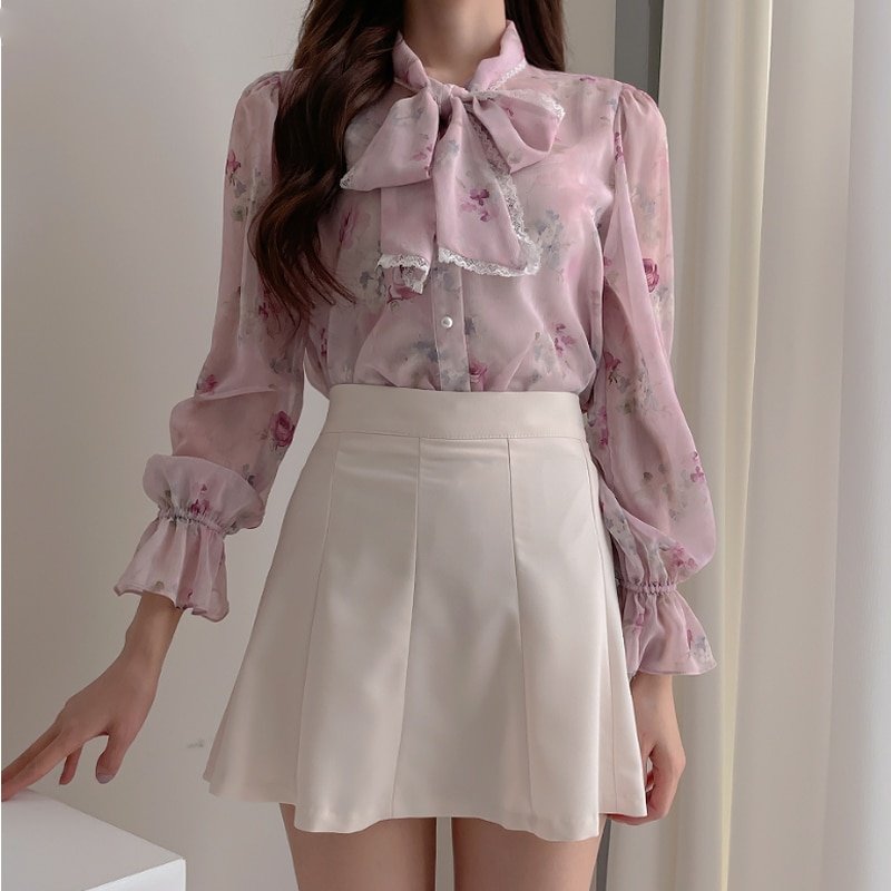 Dam Blus Elegant Utställda Ärmar Chiffon med Blomstertryck 5