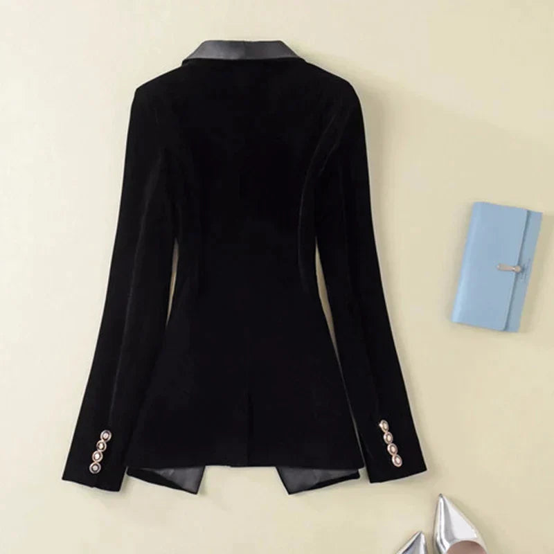 Dam Blazer i Sammet med Satin Detaljer – Klassisk Passform, Långa ärmar, Elegant och Tidlös Design 2