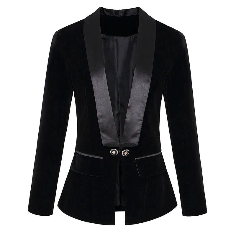 Dam Blazer i Sammet med Satin Detaljer – Klassisk Passform, Långa ärmar, Elegant och Tidlös Design 8